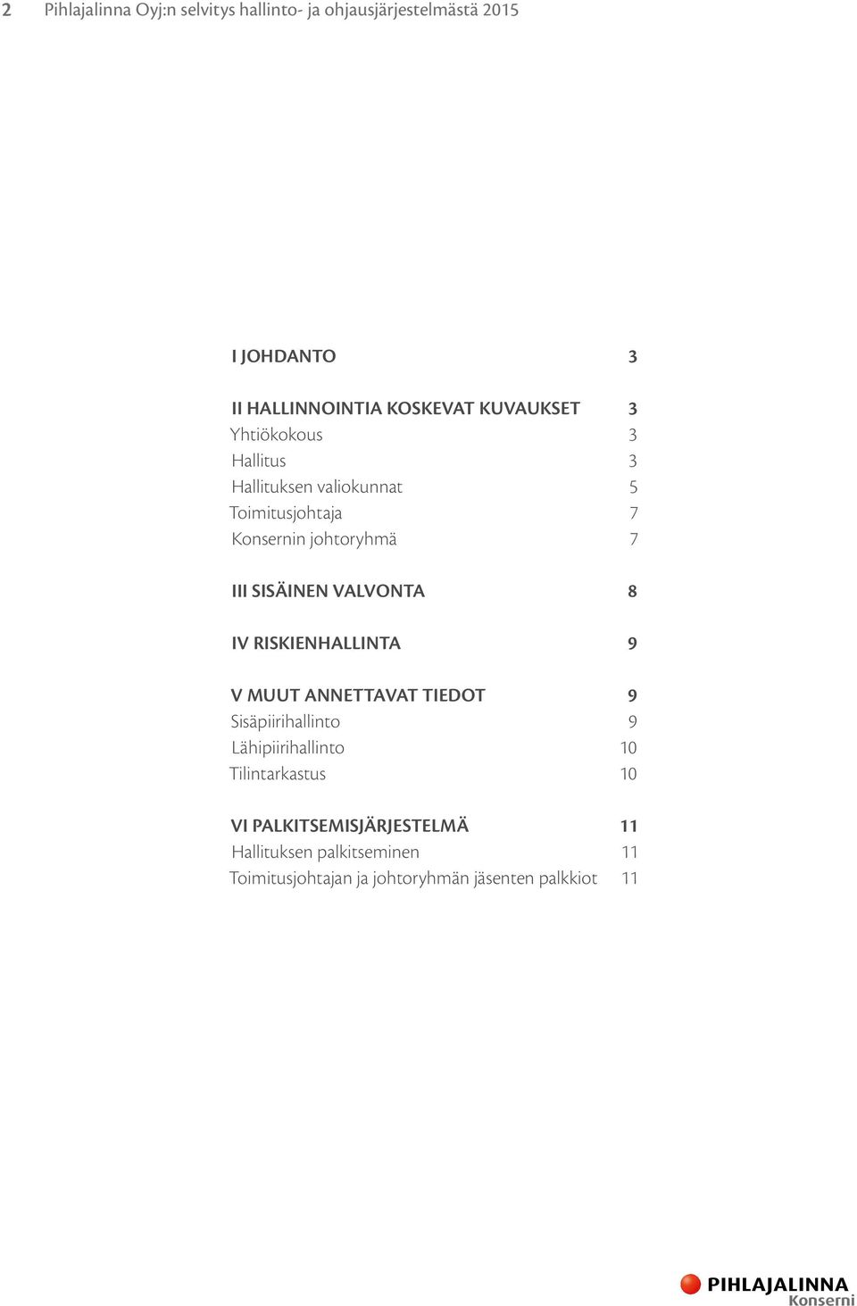 VALVONTA 8 IV RISKIENHALLINTA 9 V MUUT ANNETTAVAT TIEDOT 9 Sisäpiirihallinto 9 Lähipiirihallinto 10