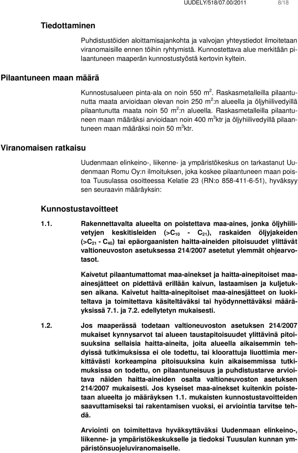 ryhtymistä. Kunnostettava alue merkitään pilaantuneen maaperän kunnostustyöstä kertovin kyltein. Kunnostusalueen pinta-ala on noin 550 m 2.