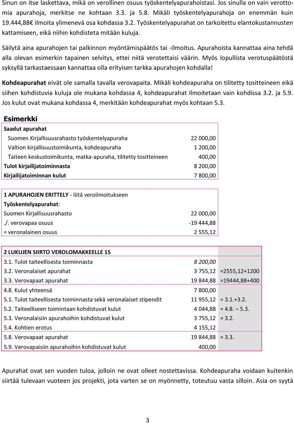 Säilytä aina apurahojen tai palkinnon myöntämispäätös tai -ilmoitus. Apurahoista kannattaa aina tehdä alla olevan esimerkin tapainen selvitys, ettei niitä verotettaisi väärin.
