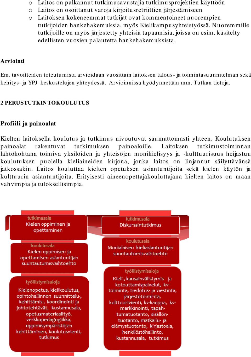 Arviointi Em. tavoitteiden toteutumista arvioidaan vuosittain laitoksen talous- ja toimintasuunnitelman sekä kehitys- ja YPJ -keskustelujen yhteydessä. Arvioinnissa hyödynnetään mm. Tutkan tietoja.