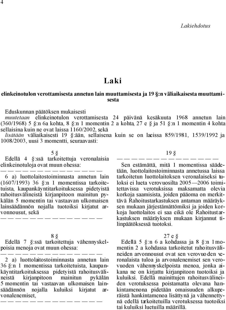 sellaisena kuin se on laeissa 859/1981, 1539/1992 ja 1008/2003, uusi 3 momentti, seuraavasti: 5 Edellä 4 :ssä tarkoitettuja veronalaisia elinkeinotuloja ovat muun ohessa: 6 a) luottolaitostoiminnasta