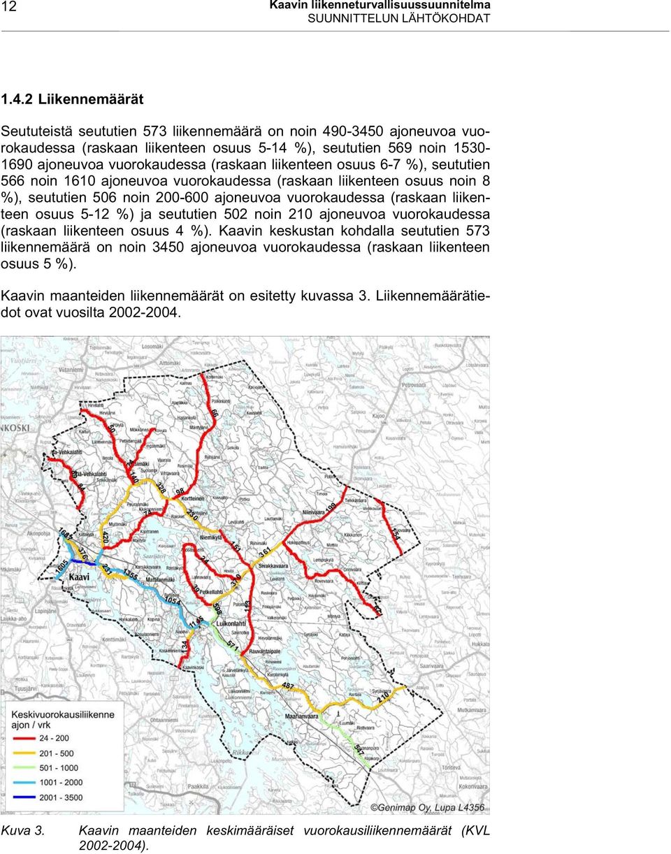 liikenteen osuus 6-7 %), seututien 566 noin 1610 ajoneuvoa vuorokaudessa (raskaan liikenteen osuus noin 8 %), seututien 506 noin 200-600 ajoneuvoa vuorokaudessa (raskaan liikenteen osuus 5-12 %) ja