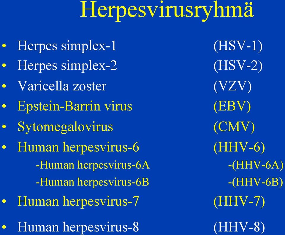 herpesvirus-6 (CMV) (HHV-6) -Human herpesvirus-6a -(HHV-6A) -Human