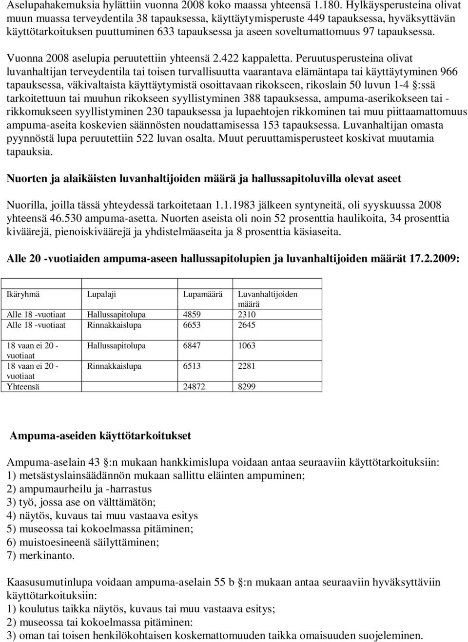 tapauksessa. Vuonna 2008 aselupia peruutettiin yhteensä 2.422 kappaletta.