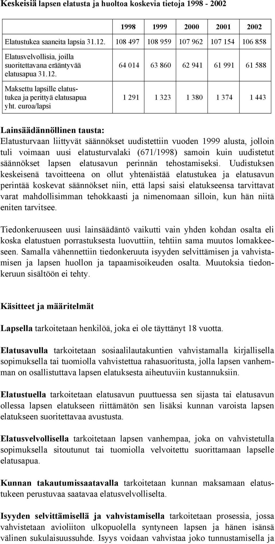 elatusturvalaki (671/1998) samoin kuin uudistetut säännökset lapsen elatusun perinnän tehostamiseksi.