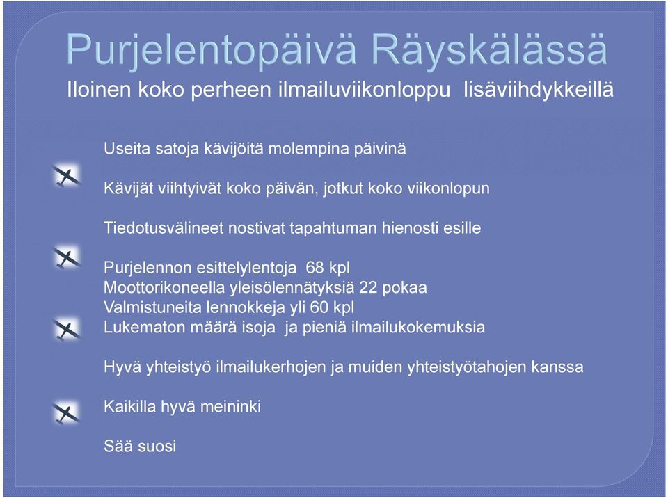 esittelylentoja 68 kpl Moottorikoneella yleisölennätyksiä 22 pokaa Valmistuneita lennokkeja yli 60 kpl Lukematon