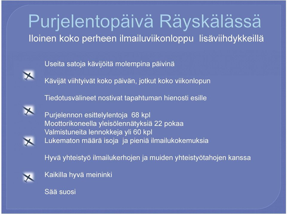 esittelylentoja 68 kpl Moottorikoneella yleisölennätyksiä 22 pokaa Valmistuneita lennokkeja yli 60 kpl Lukematon