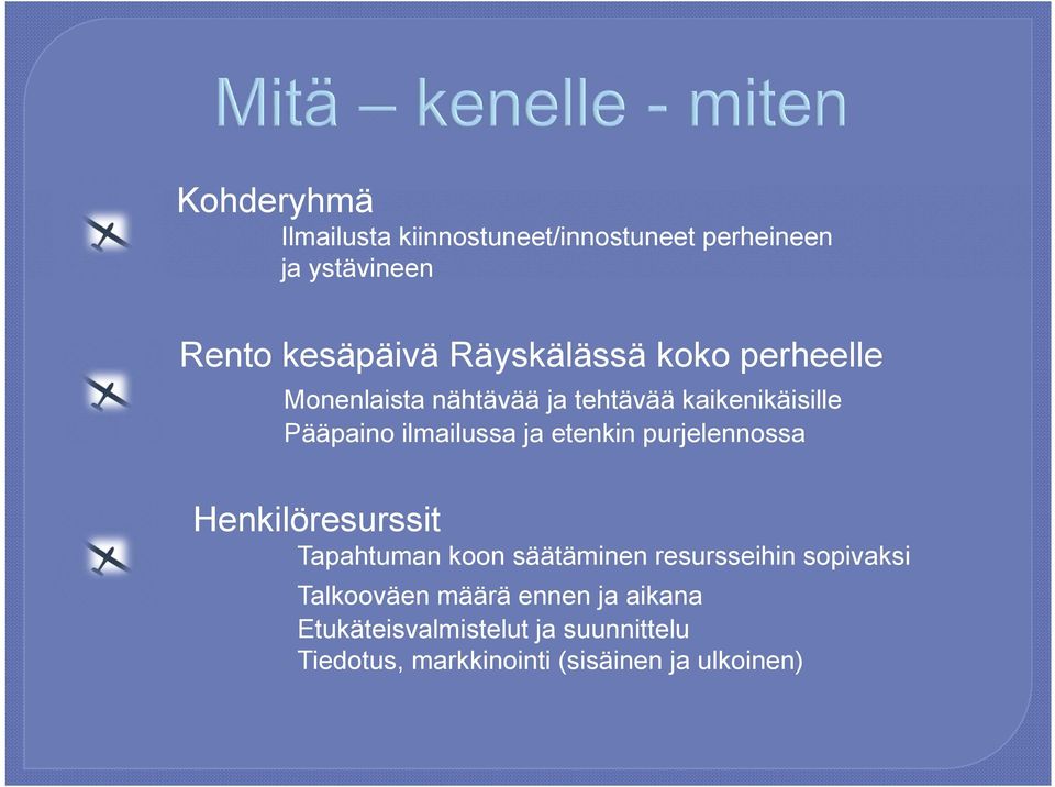 ja etenkin purjelennossa Henkilöresurssit Tapahtuman koon säätäminen resursseihin sopivaksi