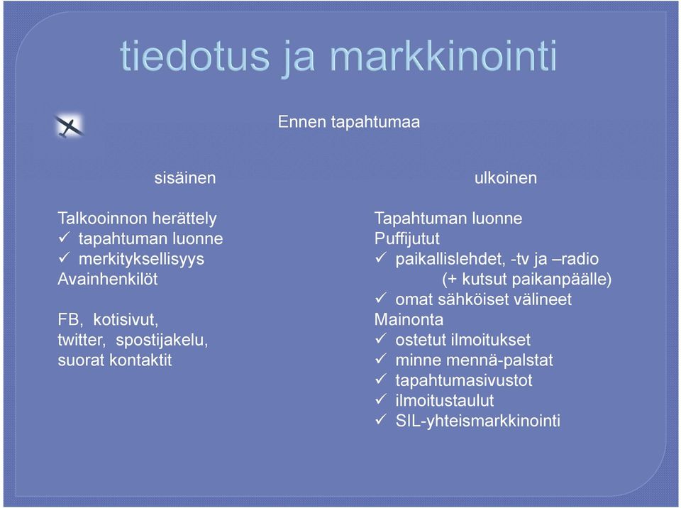 luonne Puffijutut paikallislehdet, -tv ja radio (+ kutsut paikanpäälle) omat sähköiset
