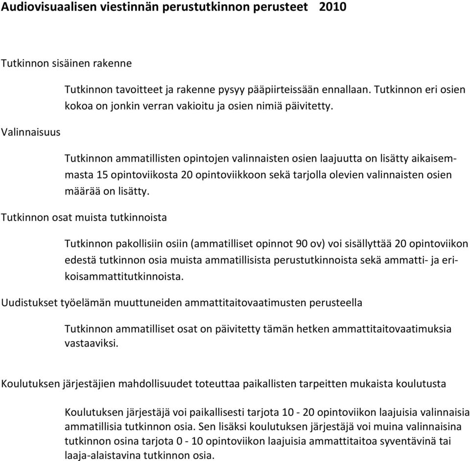 Tutkinnon ammatillisten opintojen valinnaisten osien laajuutta on lisätty aikaisemmasta 15 opintoviikosta 20 opintoviikkoon sekä tarjolla olevien valinnaisten osien määrää on lisätty.