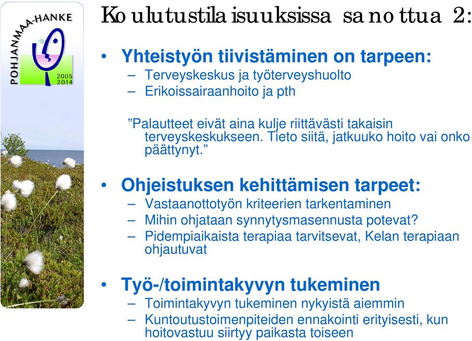Ohjeistuksen kehittämisen tarpeet: Vastaanottotyön kriteerien tarkentaminen Mihin ohjataan synnytysmasennusta potevat?