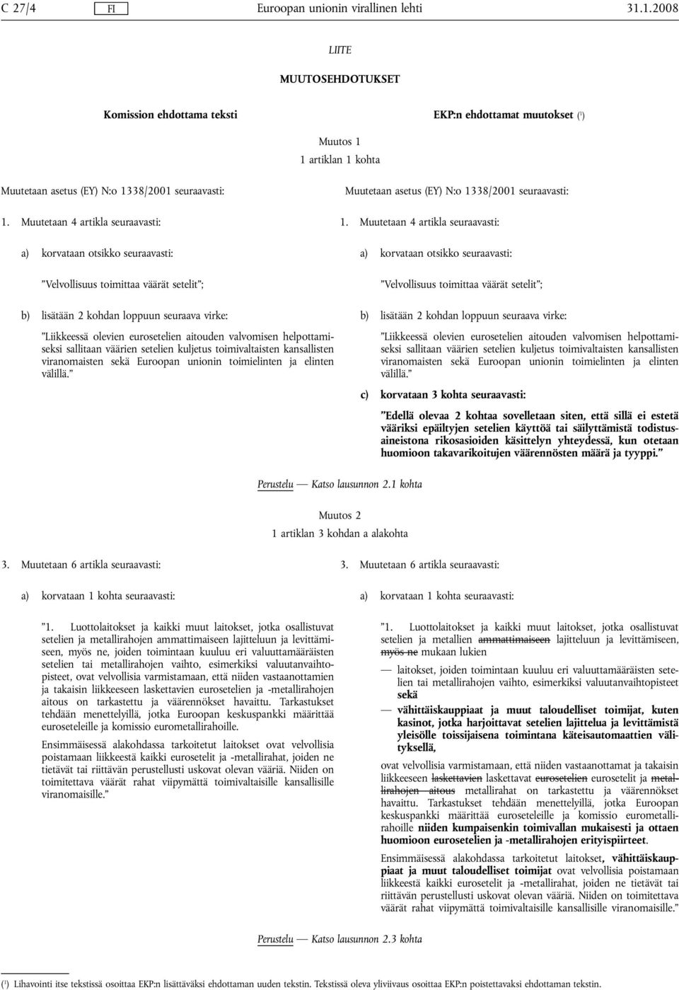 1338/2001 seuraavasti: 1. Muutetaan 4 artikla seuraavasti: 1.