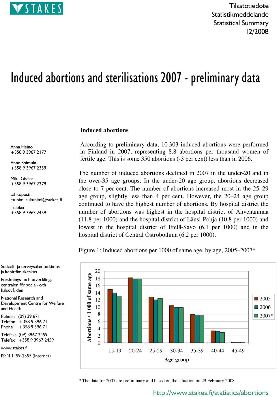 8 abortions per thousand women of fertile age. This is some 350 abortions (-3 per cent) less than in 2006.
