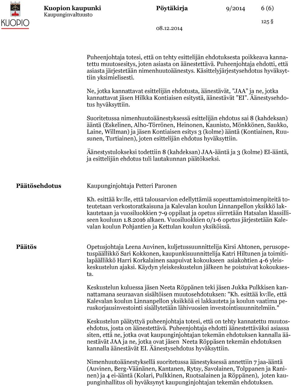 Ne, jotka kannattavat esittelijän ehdotusta, äänestävät, JAA ja ne, jotka kannattavat jäsen Hilkka Kontiaisen esitystä, äänestävät EI. Äänestysehdotus hyväksyttiin.