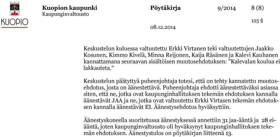 Puheenjohtaja ehdotti äänestettäväksi asiassa siten, että ne, jotka ovat kaupunginhallituksen tekemän ehdotuksen kannalla äänestävät JAA ja ne, jotka ovat valtuutettu Erkki Virtasen tekemän
