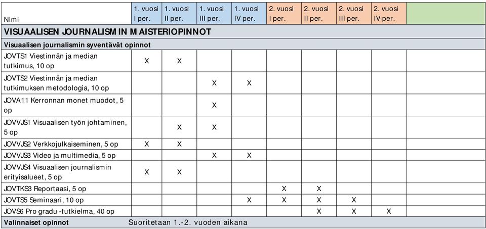 Visuaalisen työn johtaminen, JOVVJS2 Verkkojulkaiseminen, JOVVJS3 Video ja multimedia, JOVVJS4 Visuaalisen journalismin