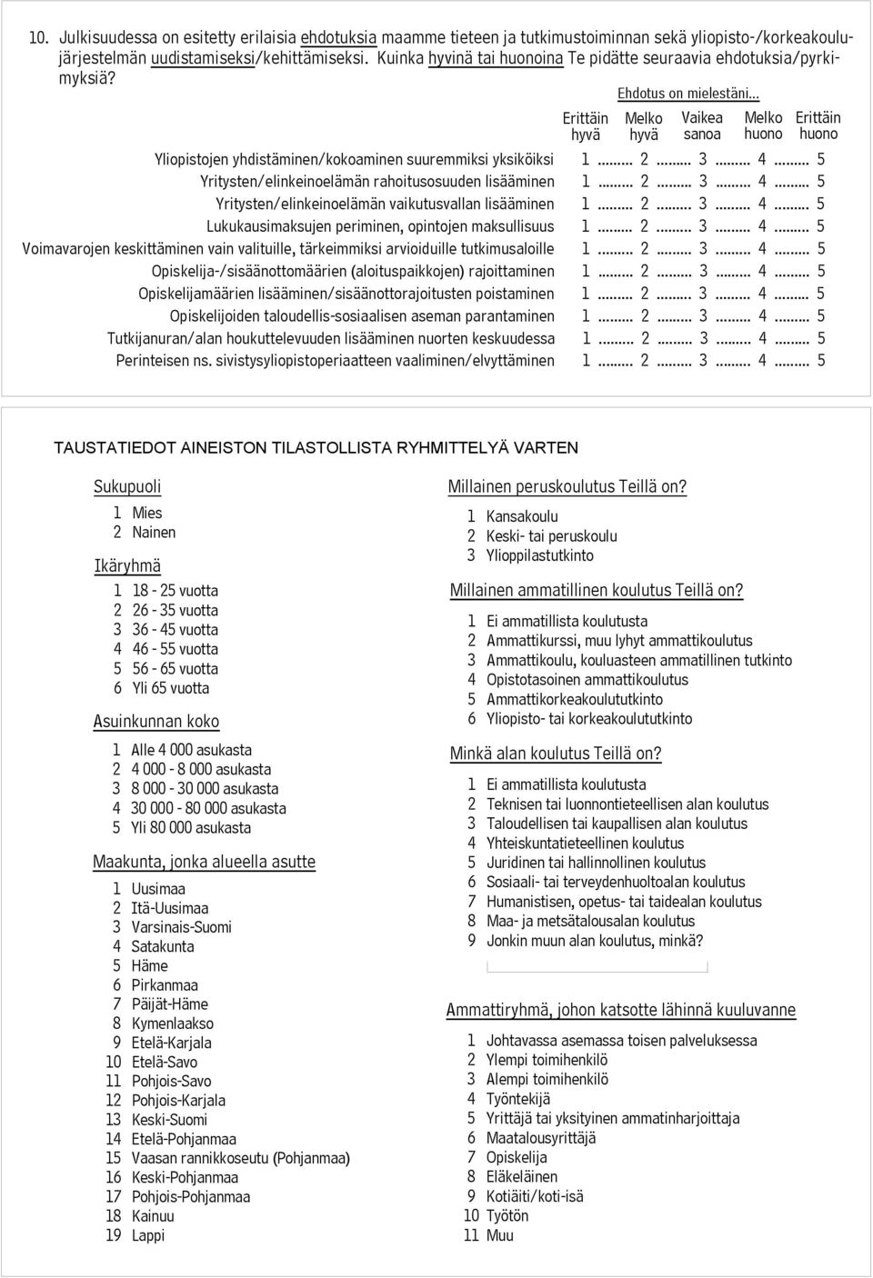 .. 5 Yritysten/elinkeinoelämän rahoitusosuuden lisääminen 1... 2... 3... 4... 5 Yritysten/elinkeinoelämän vaikutusvallan lisääminen 1... 2... 3... 4... 5 Lukukausimaksujen pminen, opintojen maksullisuus 1.