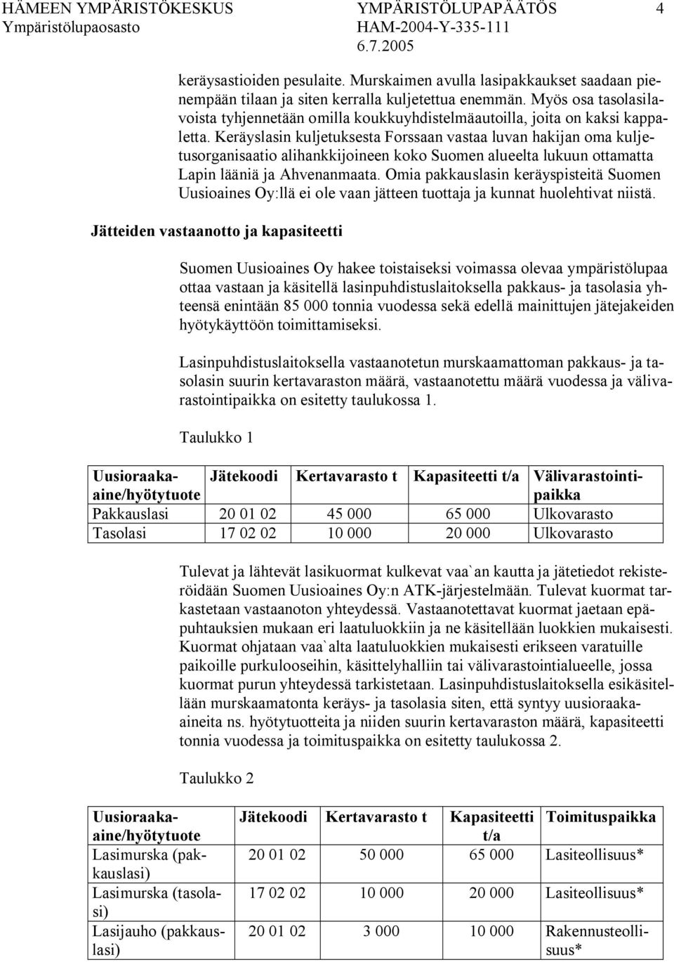 Keräyslasin kuljetuksesta Forssaan vastaa luvan hakijan oma kuljetusorganisaatio alihankkijoineen koko Suomen alueelta lukuun ottamatta Lapin lääniä ja Ahvenanmaata.