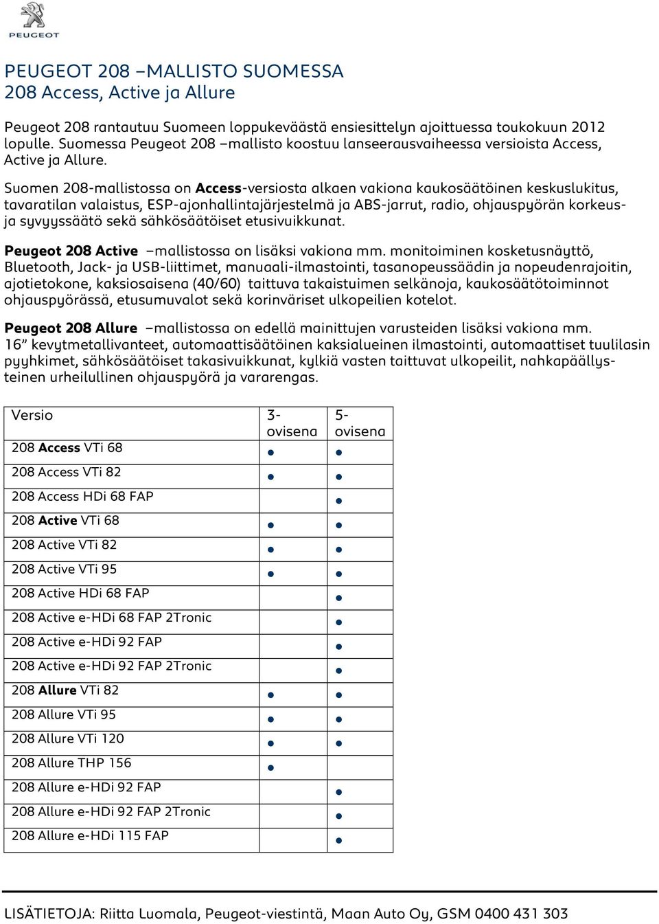 Suomen 208-mallistossa on Access-versiosta alkaen vakiona kaukosäätöinen keskuslukitus, tavaratilan valaistus, ESP-ajonhallintajärjestelmä ja ABS-jarrut, radio, ohjauspyörän korkeusja syvyyssäätö