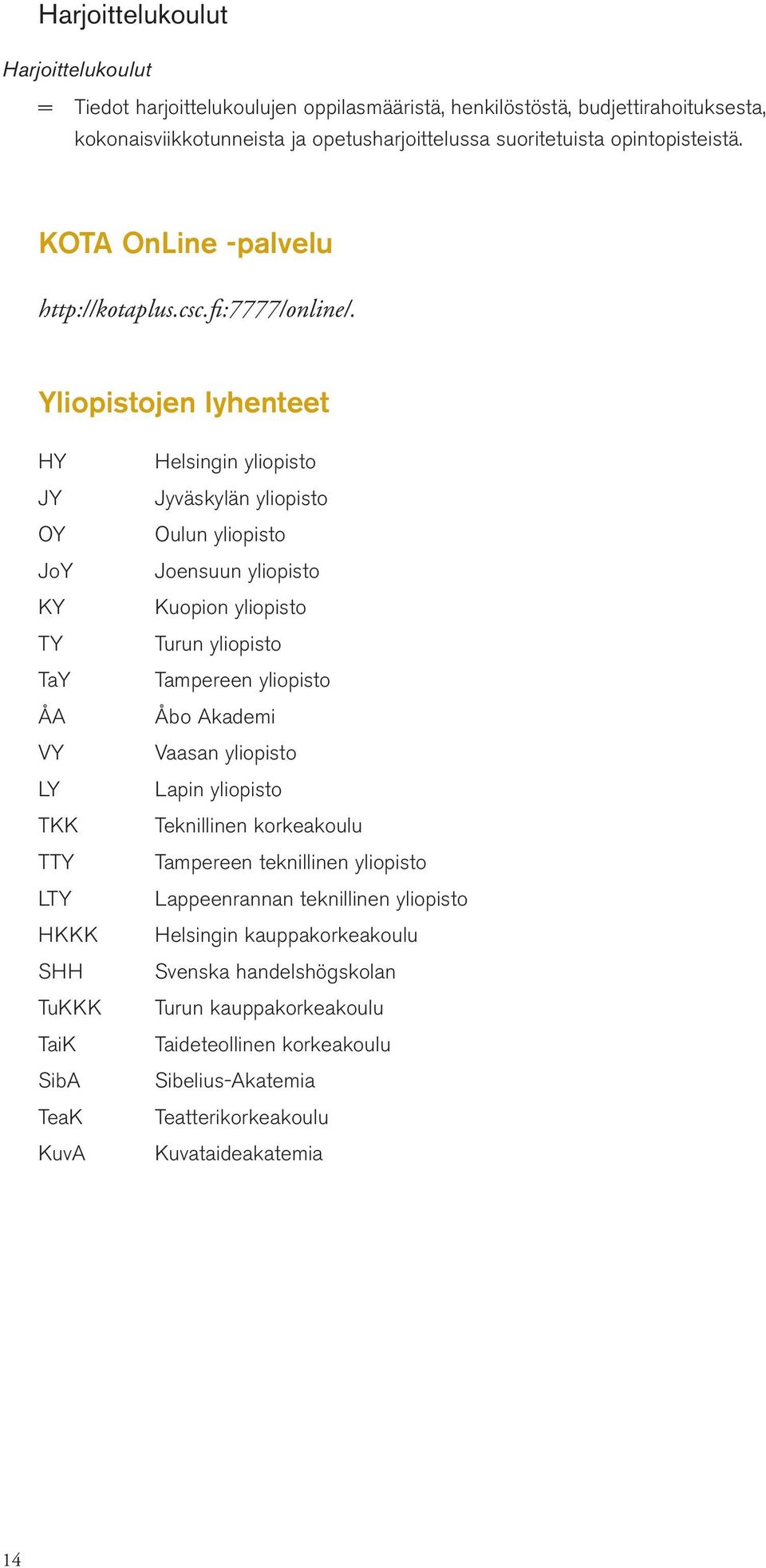 Yliopistojen lyhenteet HY JY OY JoY KY TY TaY ÅA VY LY TKK TTY LTY HKKK SHH TuKKK TaiK SibA TeaK KuvA Helsingin yliopisto Jyväskylän yliopisto Oulun yliopisto Joensuun yliopisto Kuopion yliopisto