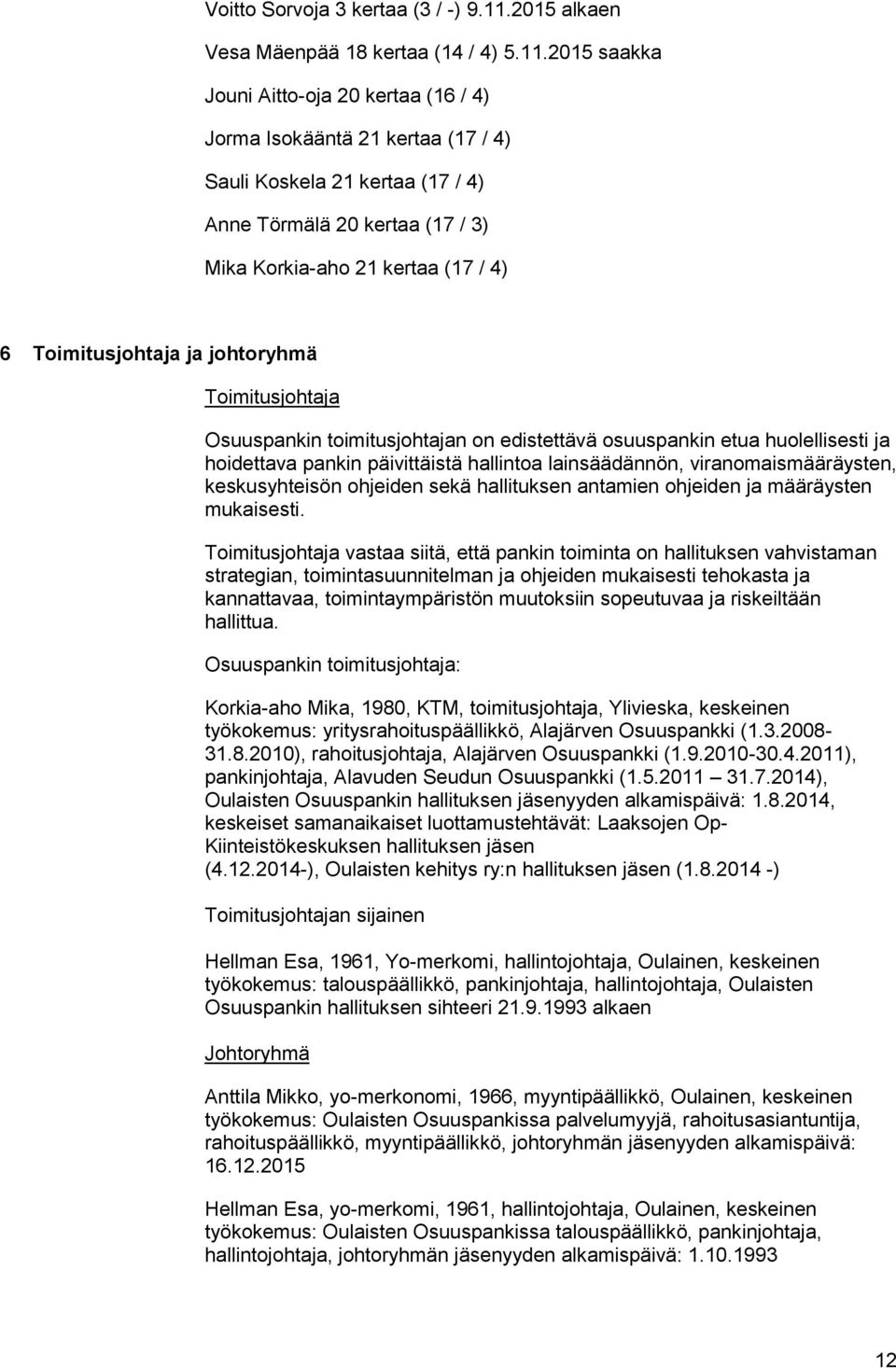 2015 saakka Jouni Aitto-oja 20 kertaa (16 / 4) Jorma Isokääntä 21 kertaa (17 / 4) Sauli Koskela 21 kertaa (17 / 4) Anne Törmälä 20 kertaa (17 / 3) Mika Korkia-aho 21 kertaa (17 / 4) 6 Toimitusjohtaja