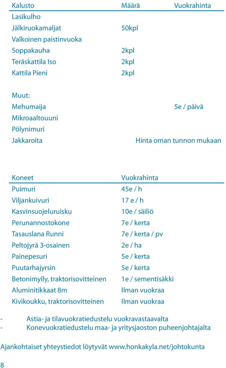 traktorisovitteinen Aluminitikkaat 8m Kivikoukku, traktorisovitteinen Vuokrahinta 45e / h 17 e / h 10e / säiliö 7e / kerta 7e / kerta / pv 2e / ha 5e / kerta 5e / kerta 1e / sementisäkki