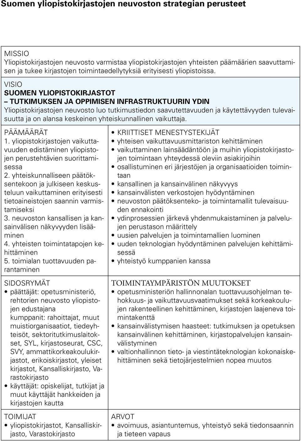 VISIO SUOMEN YLIOPISTOKIRJASTOT TUTKIMUKSEN JA OPPIMISEN INFRASTRUKTUURIN YDIN Yliopistokirjastojen neuvosto luo tutkimustiedon saavutettavuuden ja käytettävyyden tulevaisuutta ja on alansa keskeinen