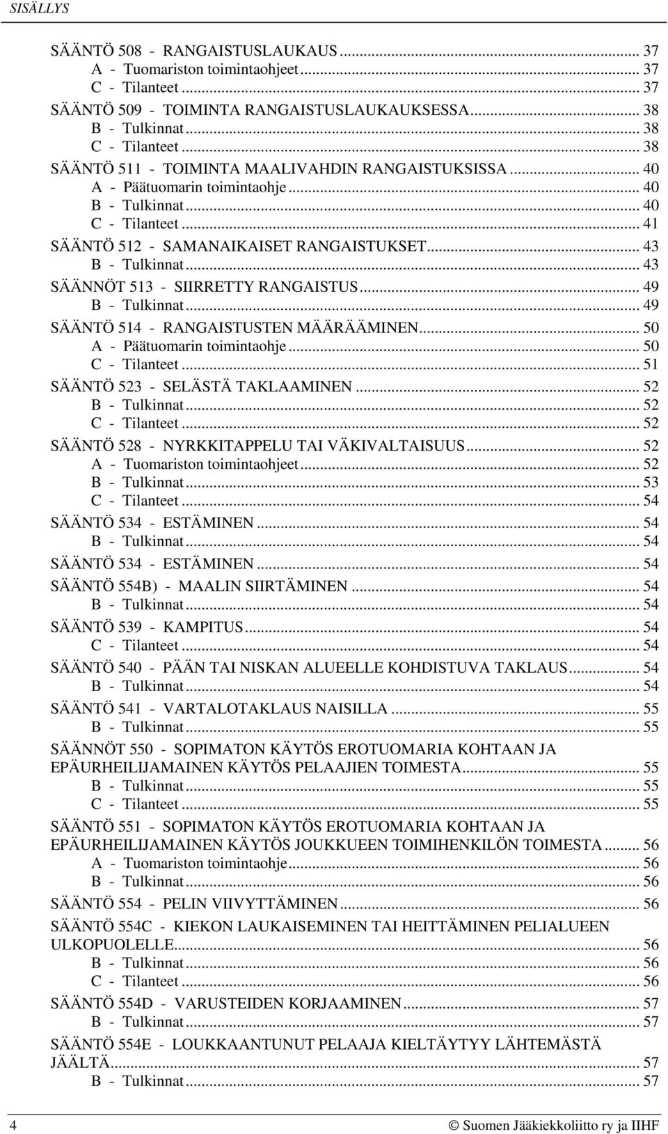 .. 50 A - Päätuomarin toimintaohje... 50... 51 SÄÄNTÖ 523 - SELÄSTÄ TAKLAAMINEN... 52... 52... 52 SÄÄNTÖ 528 - NYRKKITAPPELU TAI VÄKIVALTAISUUS... 52 A - Tuomariston toimintaohjeet... 52... 53.