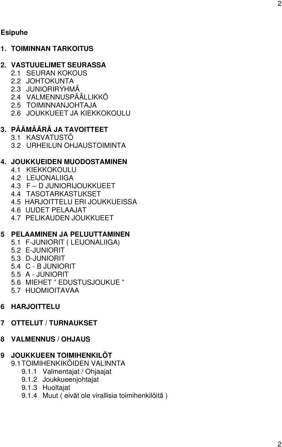 5 HARJOITTELU ERI JOUKKUEISSA 4.6 UUDET PELAAJAT 4.7 PELIKAUDEN JOUKKUEET 5 PELAAMINEN JA PELUUTTAMINEN 5.1 F-JUNIORIT ( LEIJONALIIGA) 5.2 E-JUNIORIT 5.3 D-JUNIORIT 5.4 C - B JUNIORIT 5.
