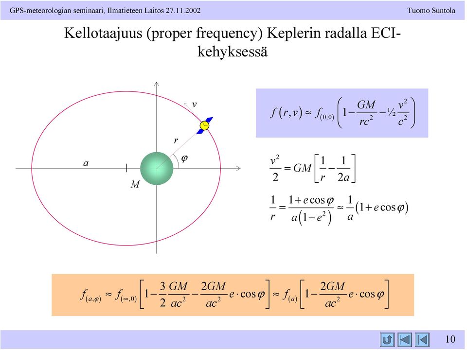 ECIkehyksessä r GM ( r, ) 1 ½ r 0,0 a M ϕ 1 1 = GM r a 1 1+