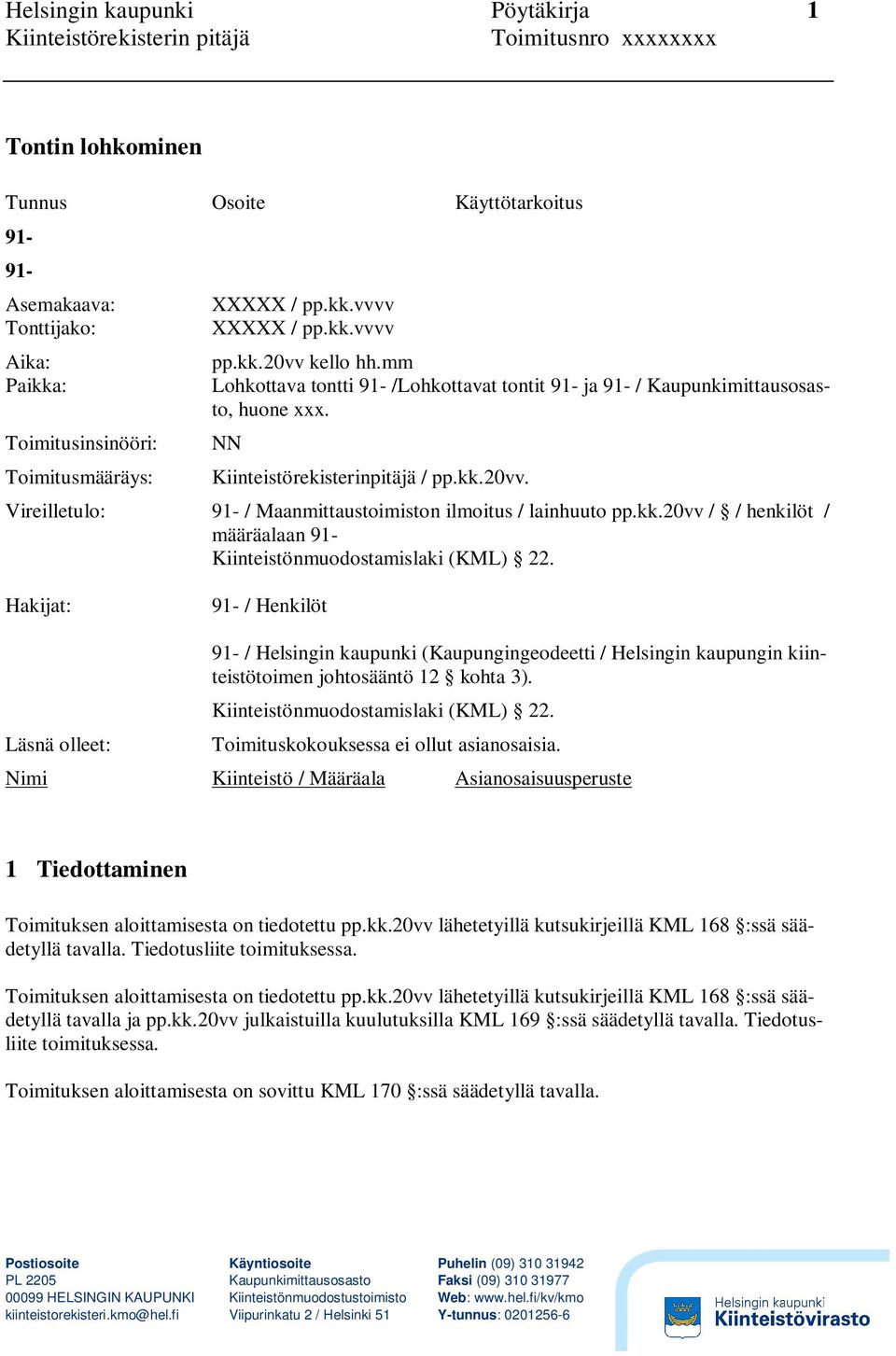 Hakijat: 91- / Henkilöt Läsnä olleet: 91- / Helsingin kaupunki (Kaupungingeodeetti / Helsingin kaupungin kiinteistötoimen johtosääntö 12 kohta 3). Kiinteistönmuodostamislaki (KML) 22.