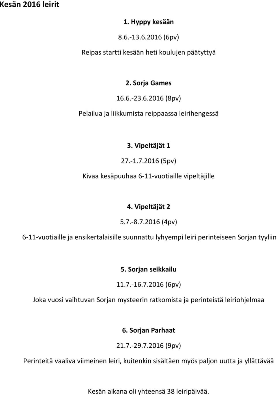 Sorjan seikkailu 11.7.-16.7.2016 (6pv) Joka vuosi vaihtuvan Sorjan mysteerin ratkomista ja perinteistä leiriohjelmaa 6. Sorjan Parhaat 21.7.-29.7.2016 (9pv) Perinteitä vaaliva viimeinen leiri, kuitenkin sisältäen myös paljon uutta ja yllättävää Kesän aikana oli yhteensä 38 leiripäivää.