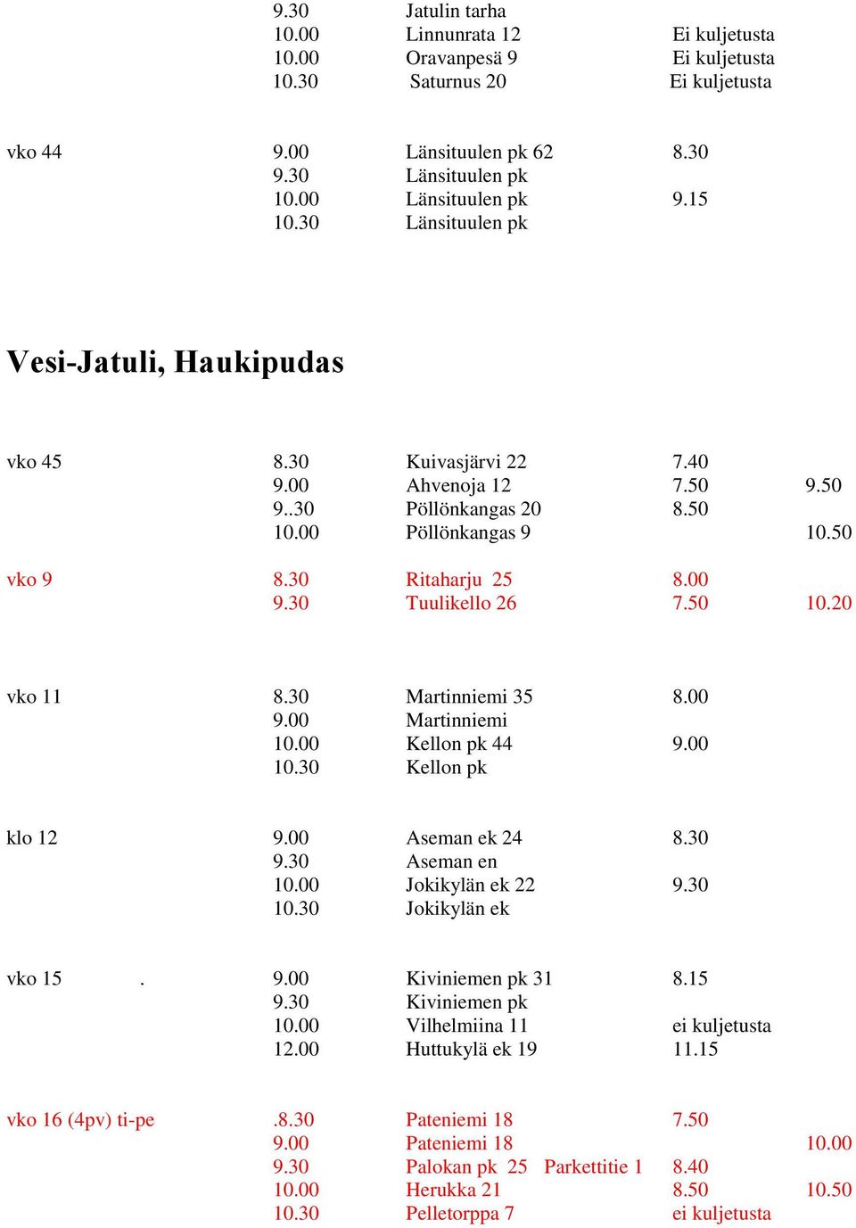 30 Tuulikello 26 7.50 10.20 vko 11 8.30 Martinniemi 35 8.00 9.00 Martinniemi 10.00 Kellon pk 44 9.00 10.30 Kellon pk klo 12 9.00 Aseman ek 24 8.30 9.30 Aseman en 10.00 Jokikylän ek 22 9.30 10.