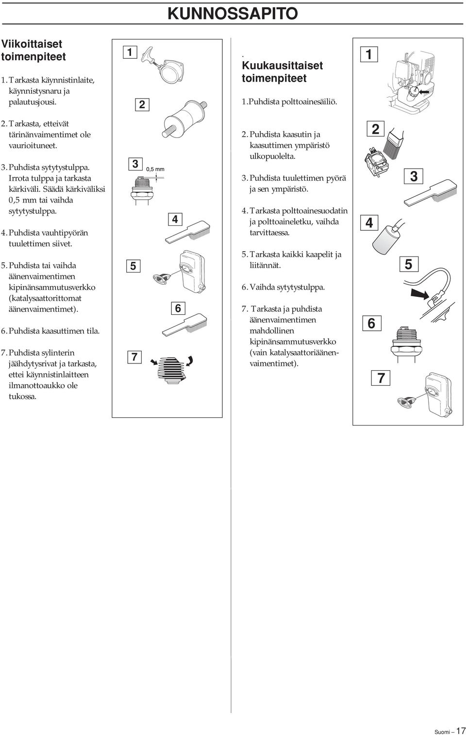 Puhdista tai vaihda äänenvaimentimen kipinänsammutusverkko (katalysaattorittomat äänenvaimentimet). 6.Puhdista kaasuttimen tila. 7.