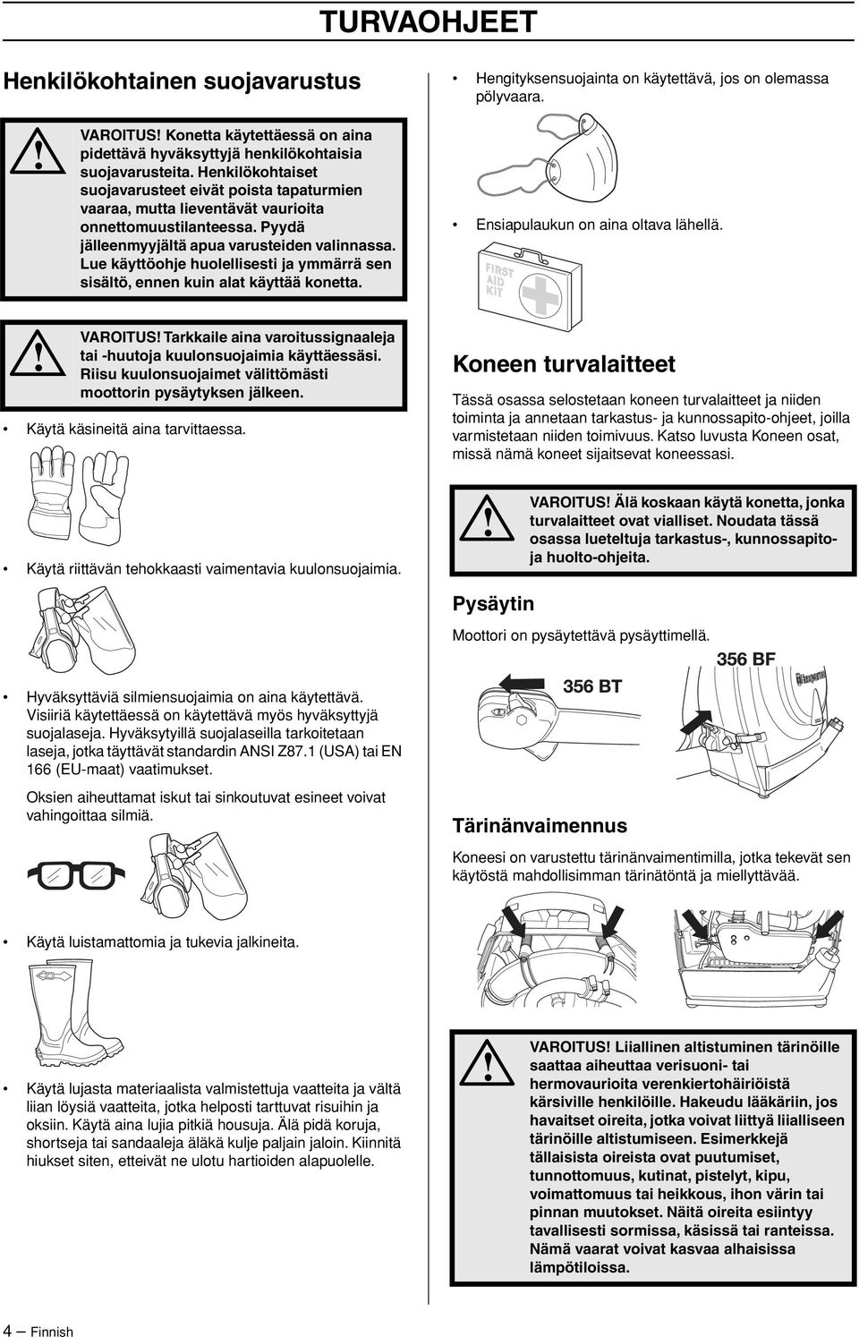 Lue käyttöohje huolellisesti ja ymmärrä sen sisältö, ennen kuin alat käyttää konetta. Ensiapulaukun on aina oltava lähellä.