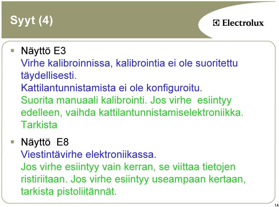 Jos virhe esiintyy edelleen, vaihda kattilantunnistamiselektroniikka.