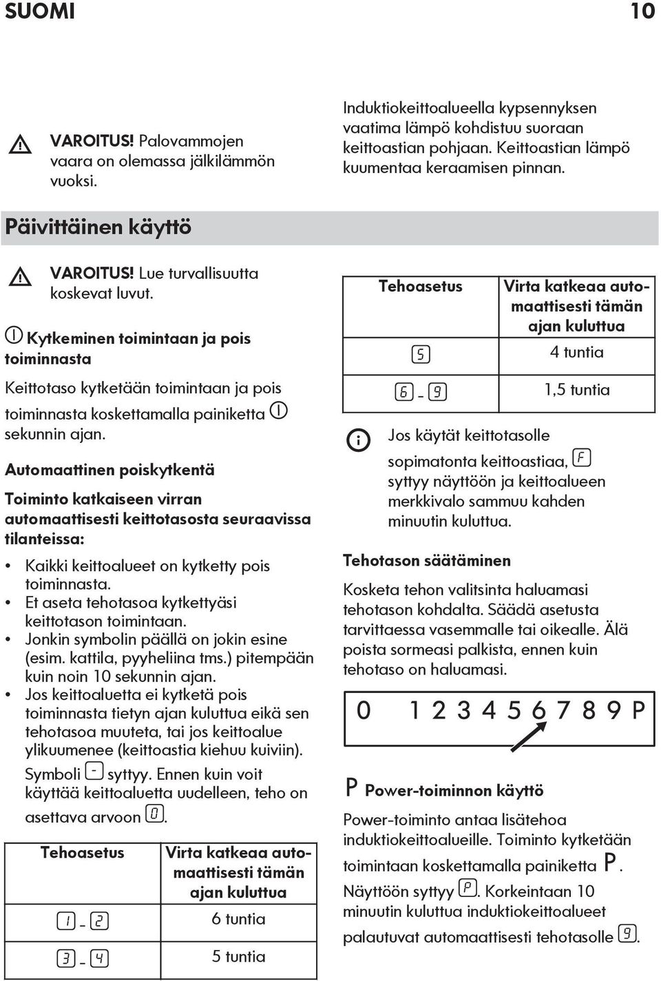 Kytkeminen toimintaan ja pois toiminnasta Keittotaso kytketään toimintaan ja pois toiminnasta koskettamalla painiketta sekunnin ajan.