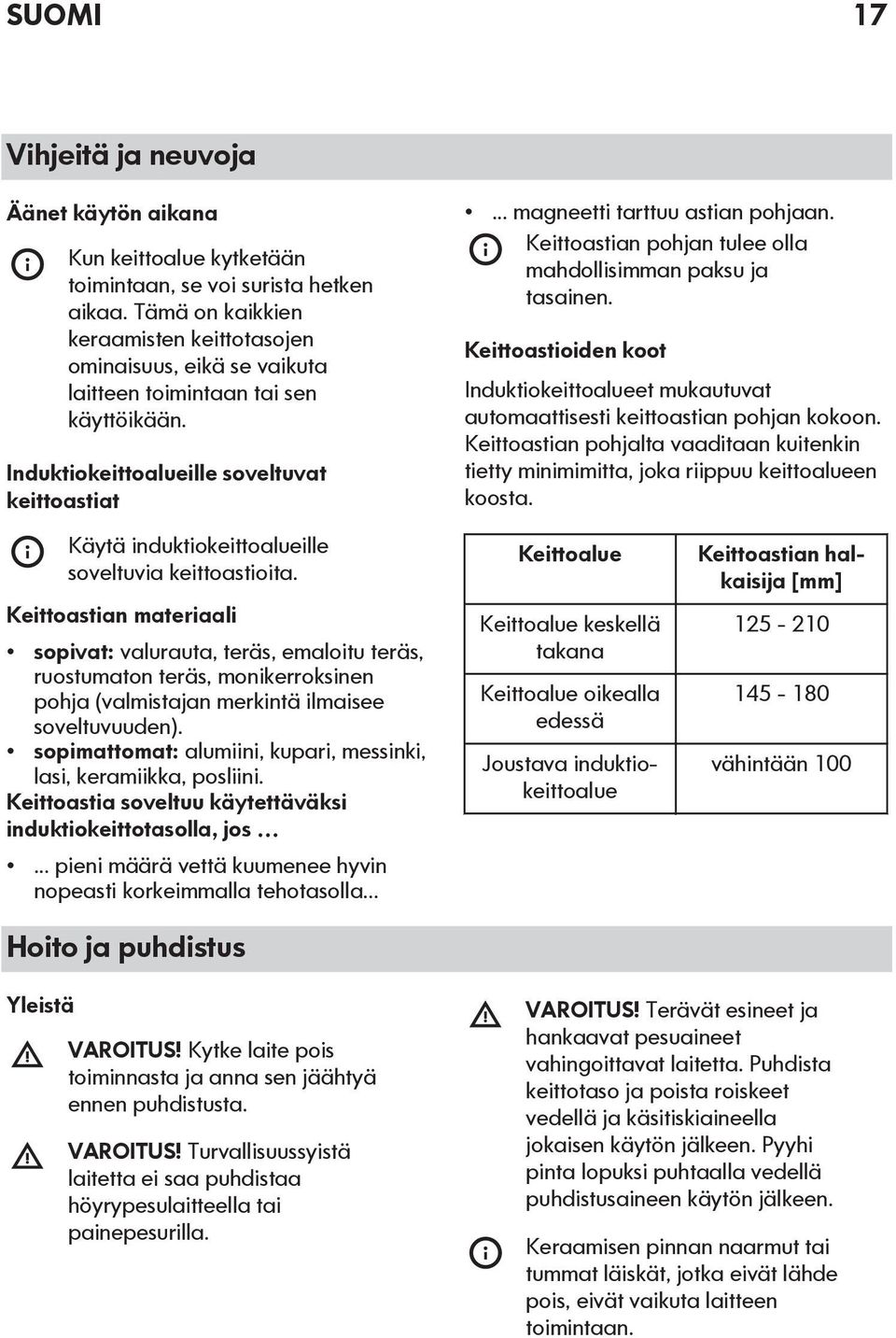Keittoastian pohjan tulee olla mahdollisimman paksu ja tasainen. Keittoastioiden koot Induktiokeittoalueet mukautuvat automaattisesti keittoastian pohjan kokoon.