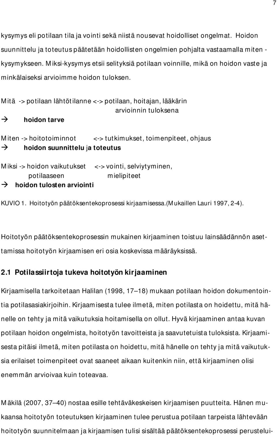 Mitä -> potilaan lähtötilanne <-> potilaan, hoitajan, lääkärin arvioinnin tuloksena hoidon tarve Miten -> hoitotoiminnot <-> tutkimukset, toimenpiteet, ohjaus hoidon suunnittelu ja toteutus Miksi ->