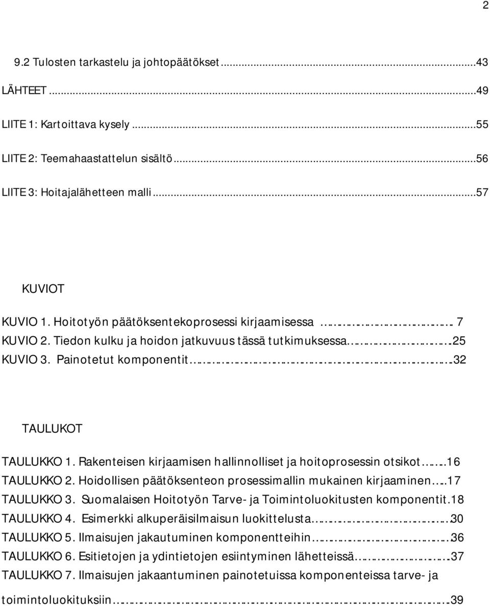 Rakenteisen kirjaamisen hallinnolliset ja hoitoprosessin otsikot..16 TAULUKKO 2. Hoidollisen päätöksenteon prosessimallin mukainen kirjaaminen..17 TAULUKKO 3.