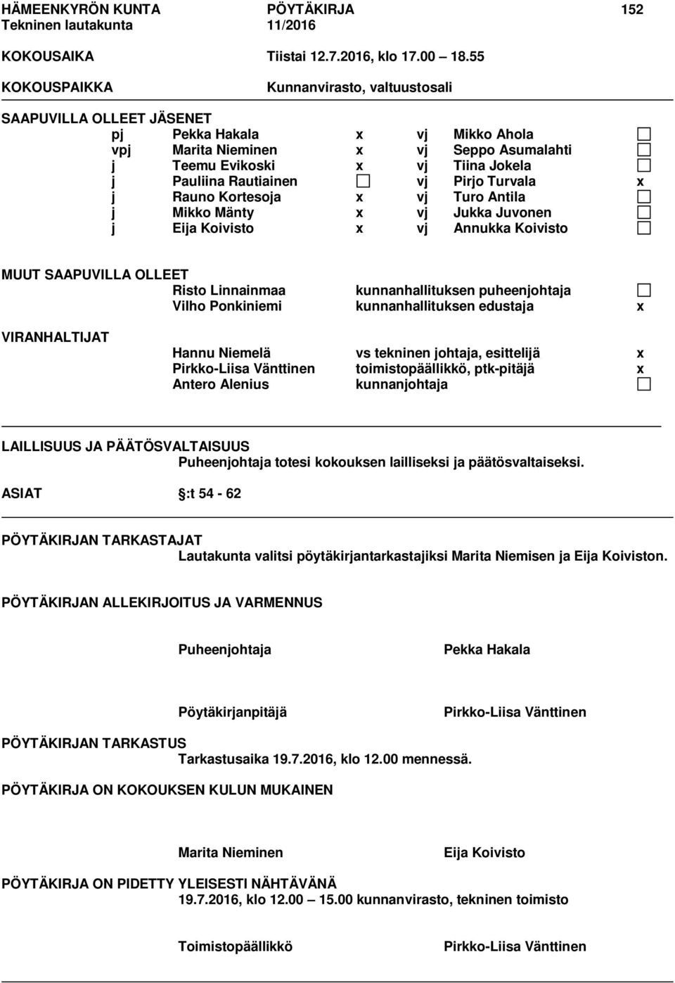 Rautiainen vj Pirjo Turvala x j Rauno Kortesoja x vj Turo Antila j Mikko Mänty x vj Jukka Juvonen j Eija Koivisto x vj Annukka Koivisto MUUT SAAPUVILLA OLLEET Risto Linnainmaa kunnanhallituksen