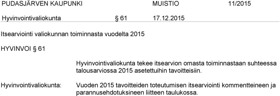 Hyvinvointivaliokunta tekee itsearvion omasta toiminnastaan suhteessa talousarviossa