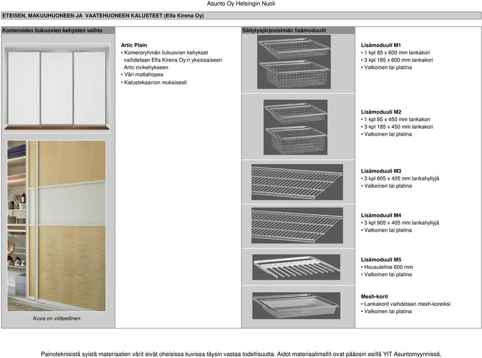 platina Lisämoduuli M2 1 kpl 85 x 450 mm lankakori 3 kpl 185 x 450 mm lankakori Valkoinen tai platina Lisämoduuli M3 3 kpl 605 x 405 mm lankahyllyjä Valkoinen tai platina Lisämoduuli M4 3