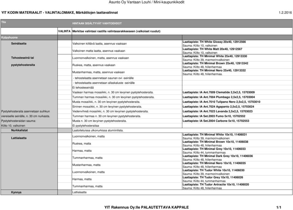 laatta, asennus vaakaan Valkoinen matta laatta, asennus vaakaan Luonnonvalkoinen, matta, asennus vaakaan Ruskea, matta, asennus vaakaan Mustanharmaa, matta, asennus vaakaan - tehostelaatta asennetaan