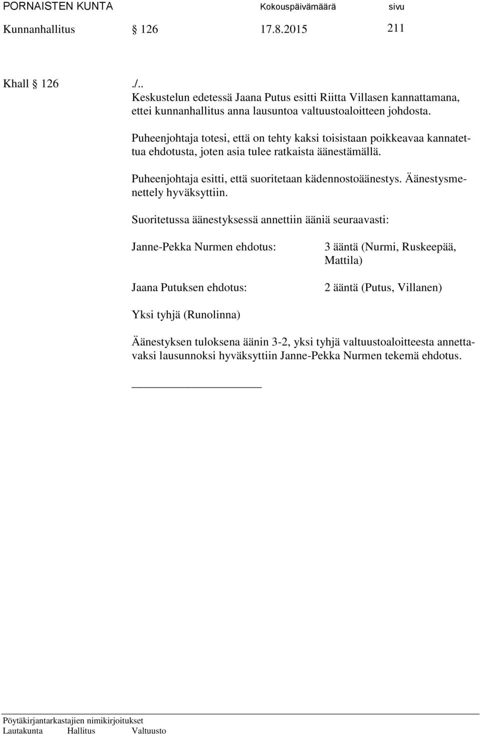 Puheenjohtaja esitti, että suoritetaan kädennostoäänestys. Äänestysmenettely hyväksyttiin.