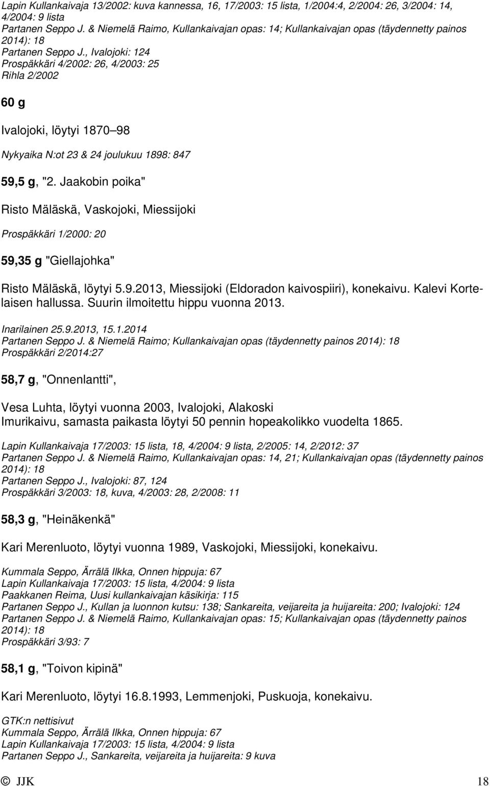 , Ivalojoki: 124 Prospäkkäri 4/2002: 26, 4/2003: 25 Rihla 2/2002 60 g Ivalojoki, löytyi 1870 98 Nykyaika N:ot 23 & 24 joulukuu 1898: 847 59,5 g, "2.