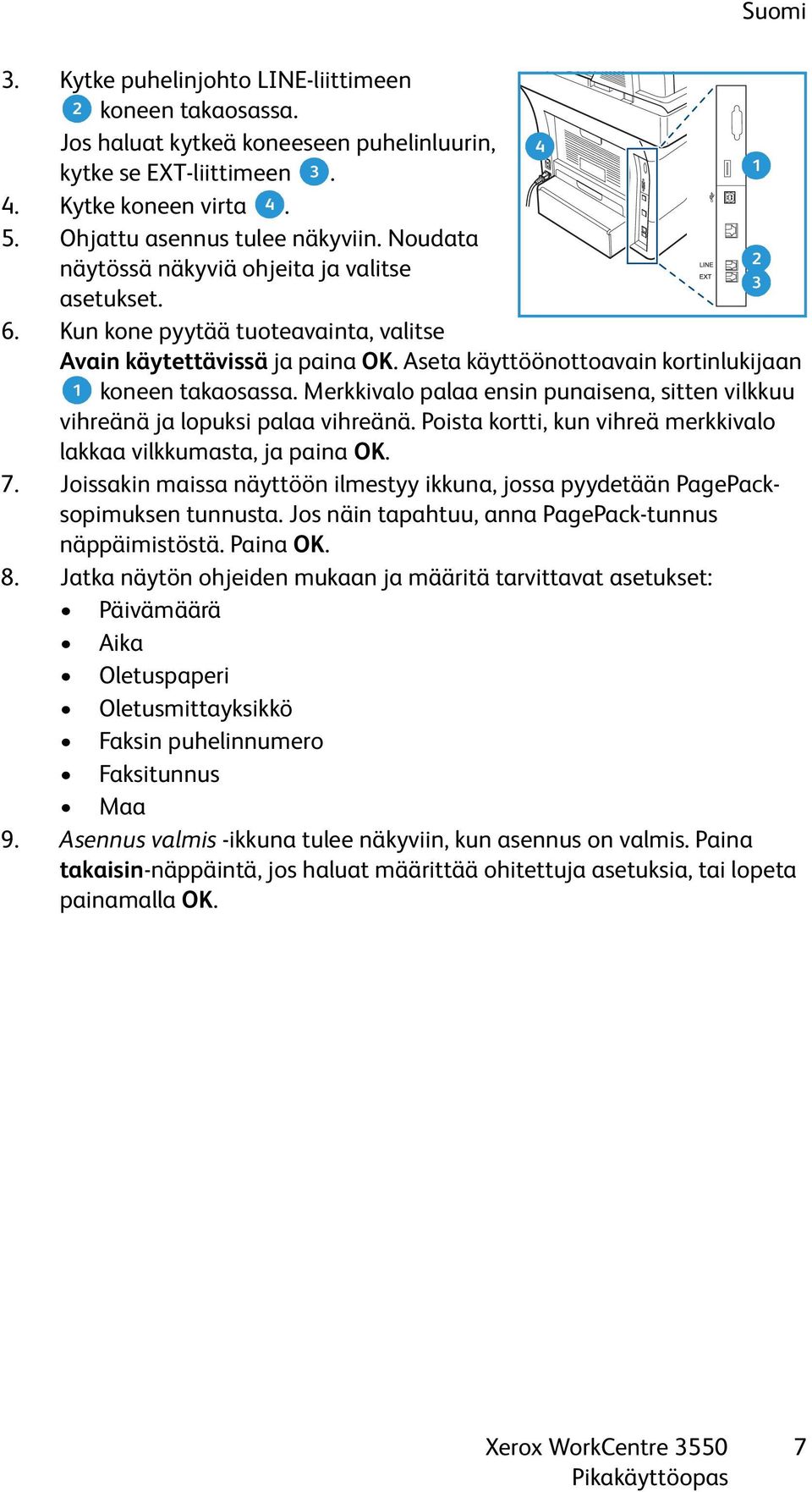 Merkkivalo palaa ensin punaisena, sitten vilkkuu vihreänä ja lopuksi palaa vihreänä. Poista kortti, kun vihreä merkkivalo lakkaa vilkkumasta, ja paina OK. 7.