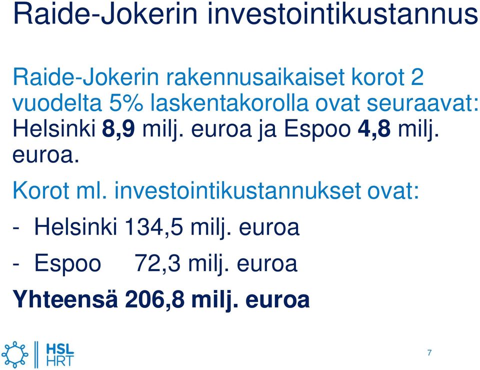 euroa ja Espoo 4,8 milj. euroa. Korot ml.