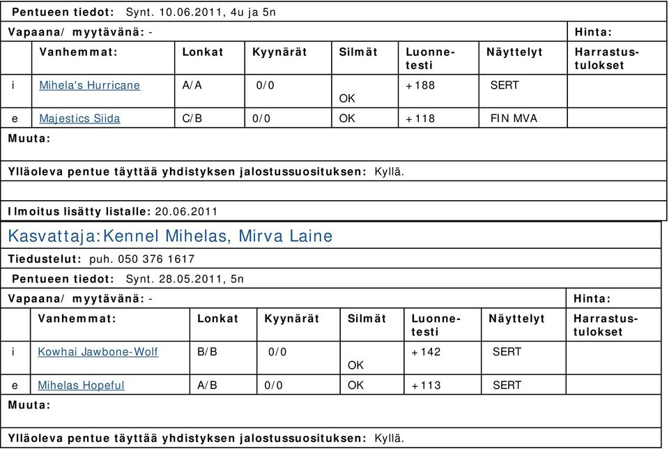 0/0 OK +118 FIN MVA. Ilmoitus lisätty listalle: 20.06.