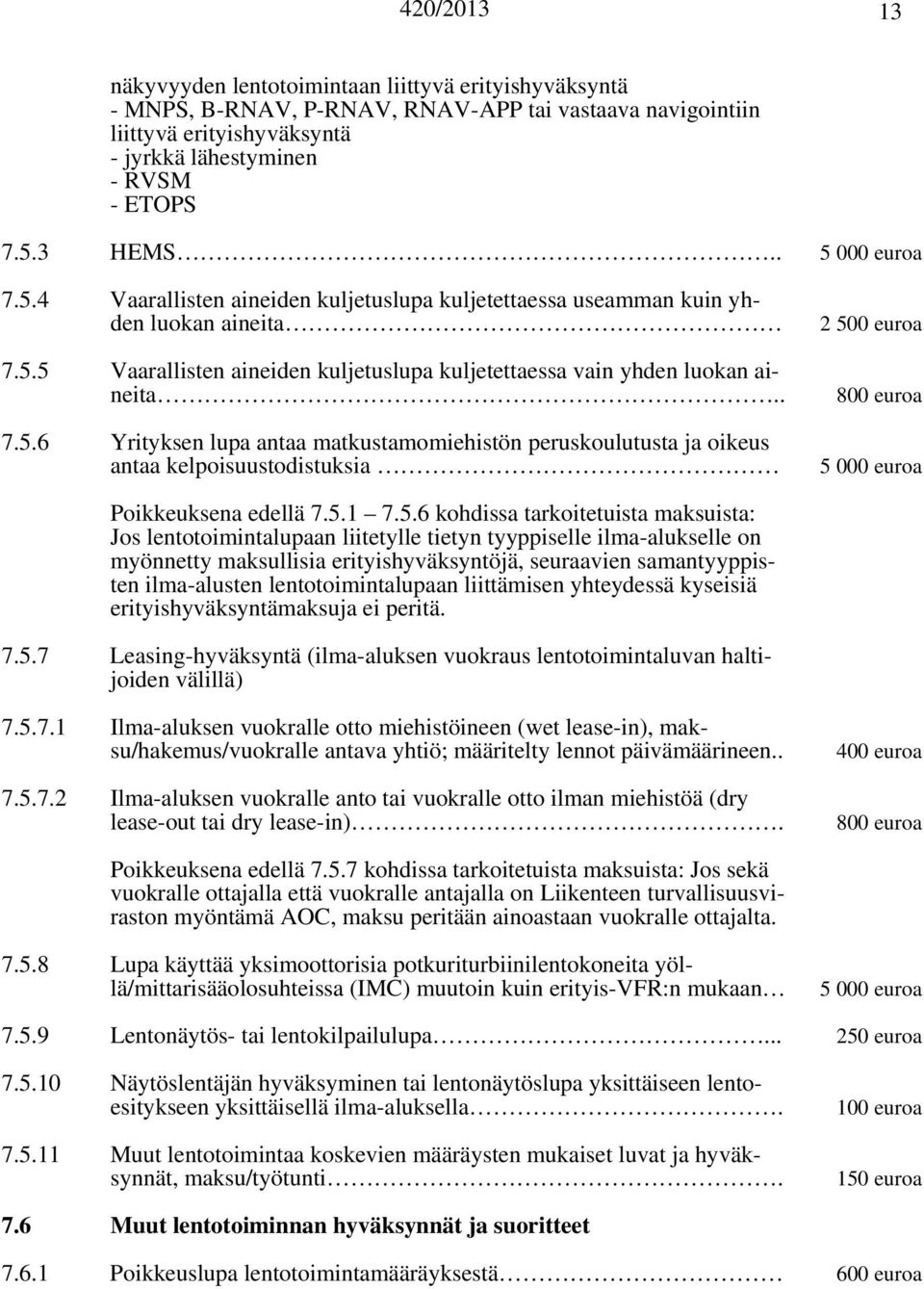 5.1 7.5.6 kohdissa tarkoitetuista maksuista: Jos lentotoimintalupaan liitetylle tietyn tyyppiselle ilma-alukselle on myönnetty maksullisia erityishyväksyntöjä, seuraavien samantyyppisten ilma-alusten